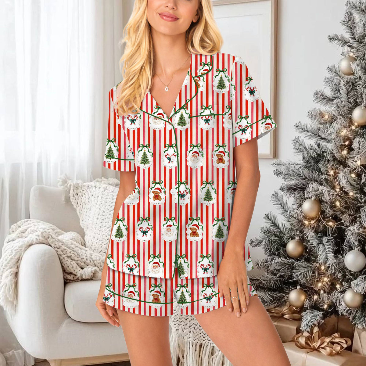 Holiday matching family pajamas lifestyle view with decorations