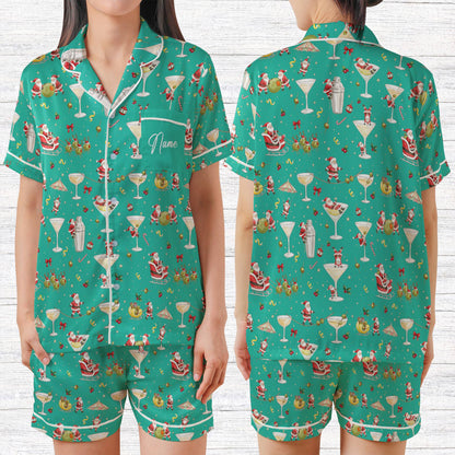 Teal personalized holiday matching family pajamas with martini Santa print