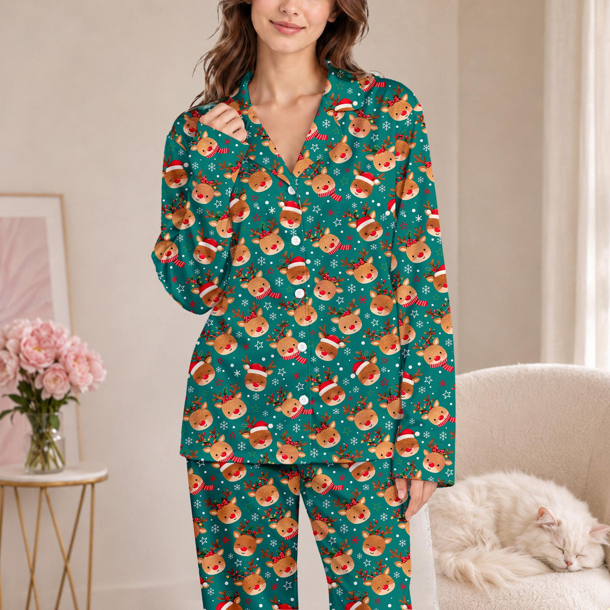 Fifth lifestyle view of the matching holiday family pajamas in action