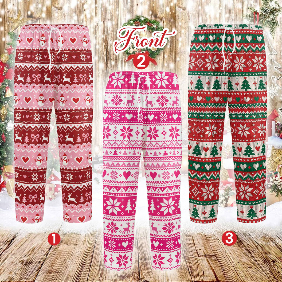 Matching family pajama set with a Christmas ugly sweater fair isle pattern in red, pink, green, and white