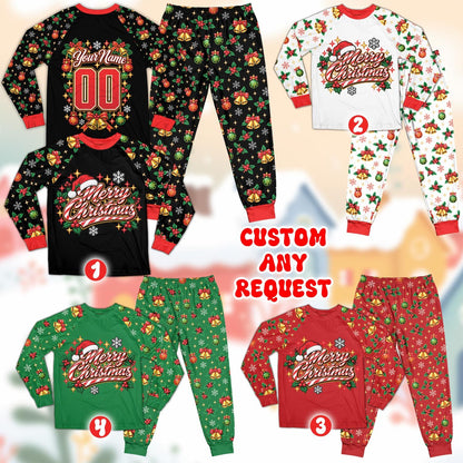 Detailed view highlighting the holiday pattern on the sleeves and pants of the christmas pajama set