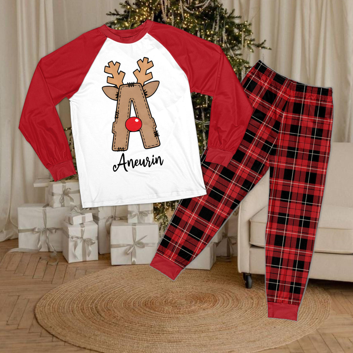 White long-sleeve top and plaid pants matching family christmas pajama set with custom initial