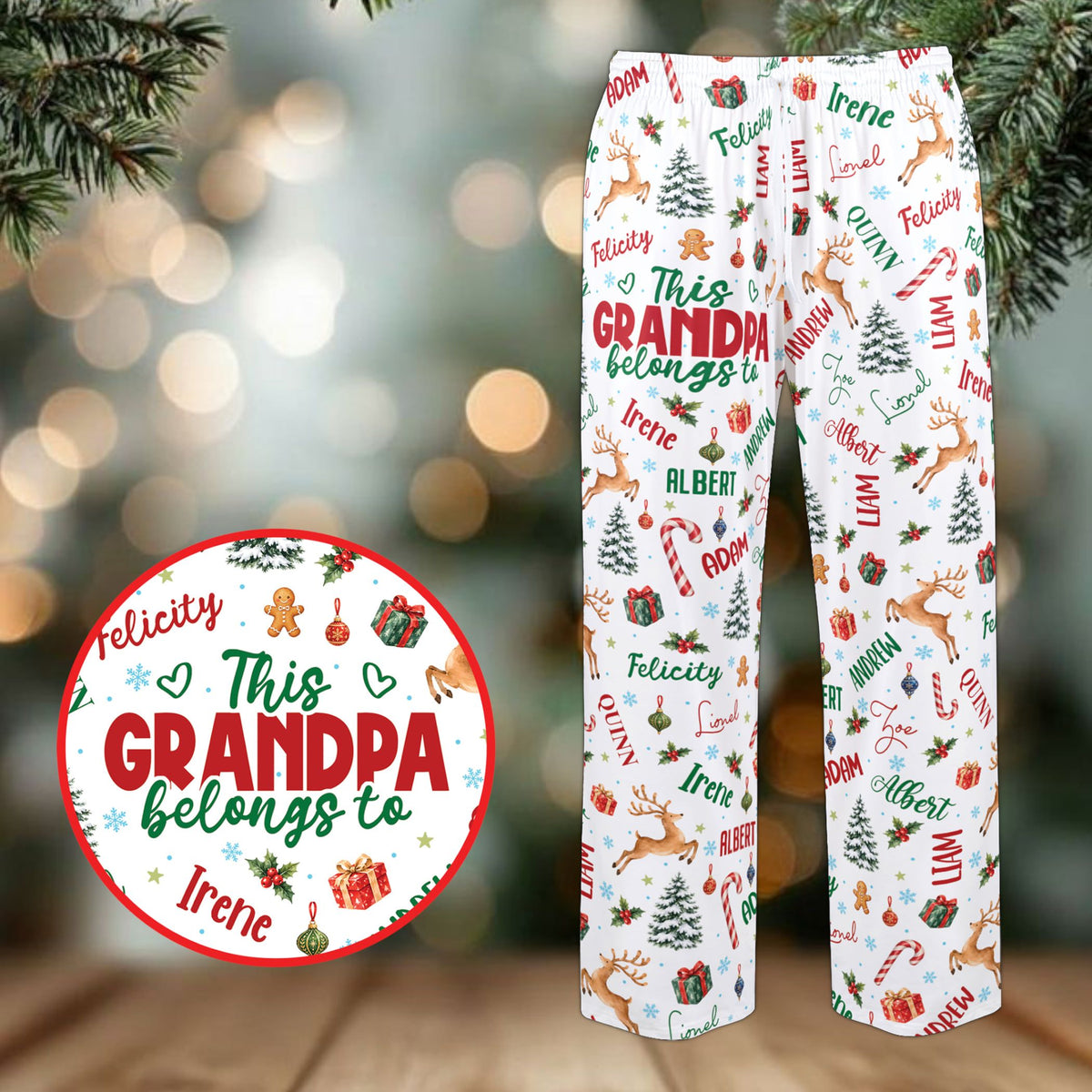 White personalized christmas pajama set featuring a festive grandparent pattern and custom names