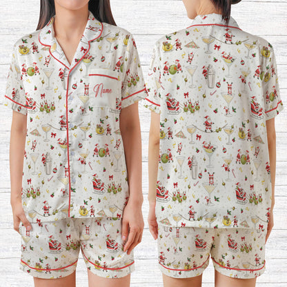White personalized christmas pajama set with martini Santa design, front view