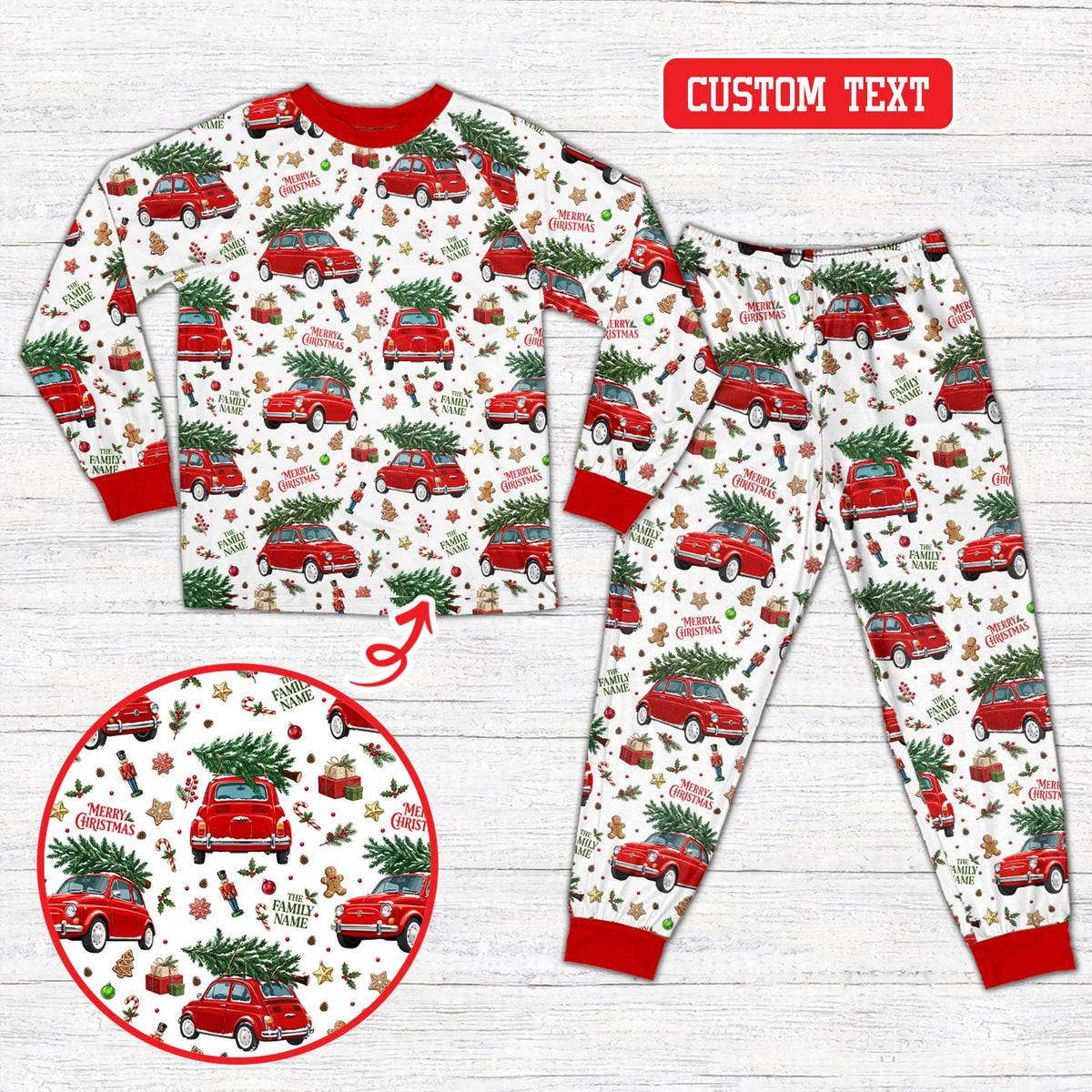 Personalized white christmas pajama set featuring vintage red autos and holiday elements, front view
