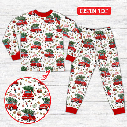 Personalized white christmas pajama set featuring vintage red autos and holiday elements, front view