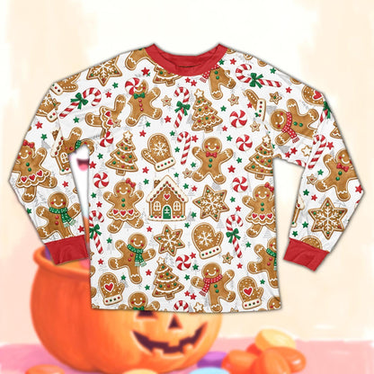 White christmas pajama set with gingerbread and candy canes and red cuffs, front view