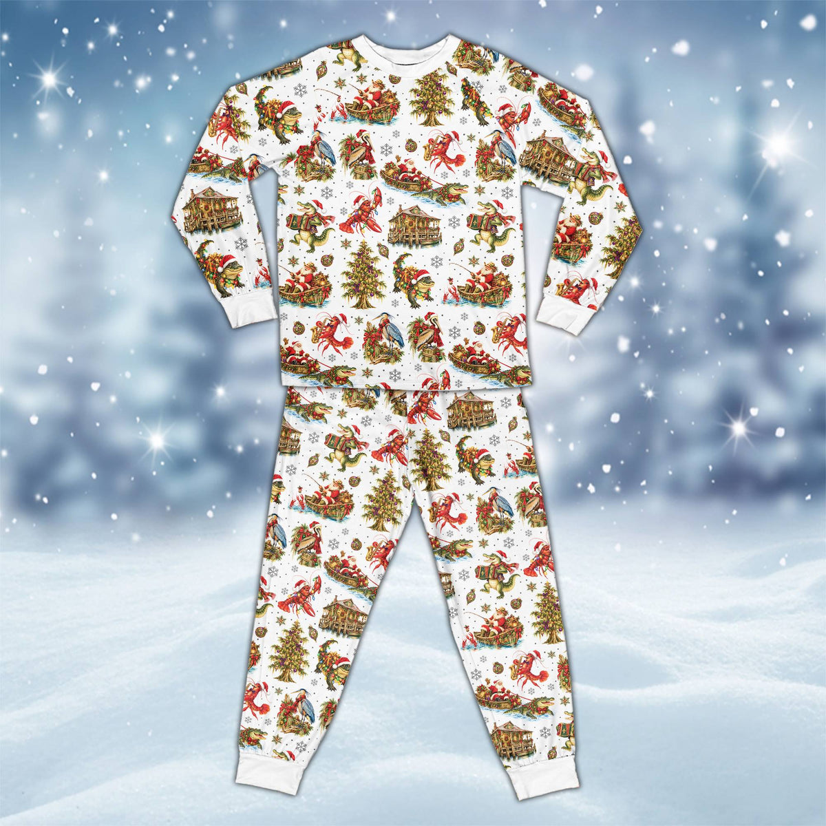 White christmas pajama set with Southern swamp holiday pattern on model, main view