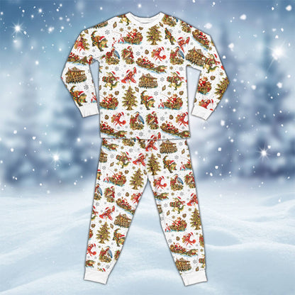White christmas pajama set with Southern swamp holiday pattern on model, main view