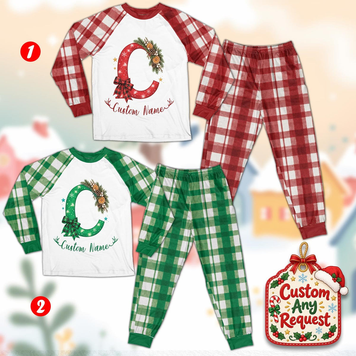Close-up front view of the personalized holiday pajama top and plaid sleeves