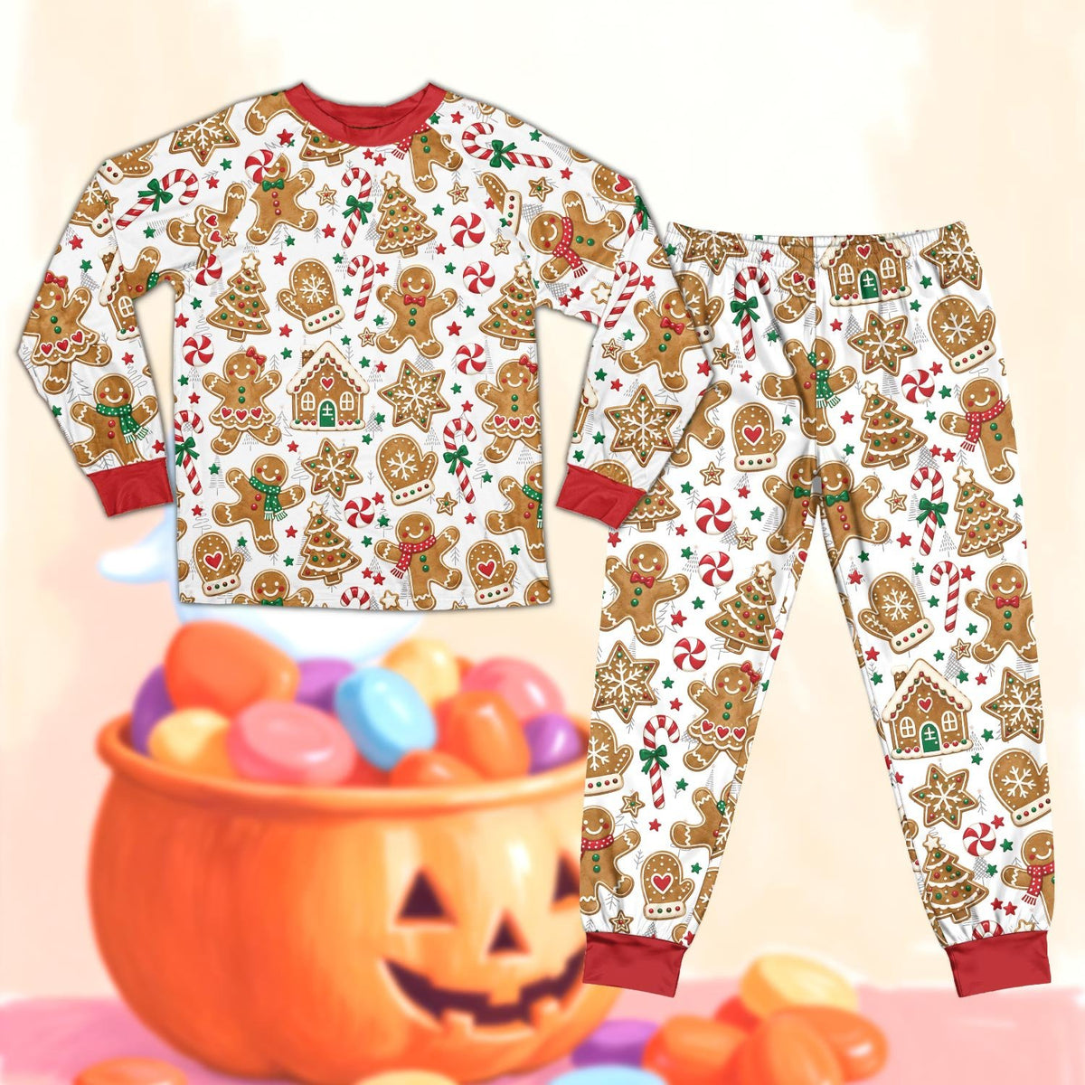Alternate front view of the white christmas pajama set with festive gingerbread design