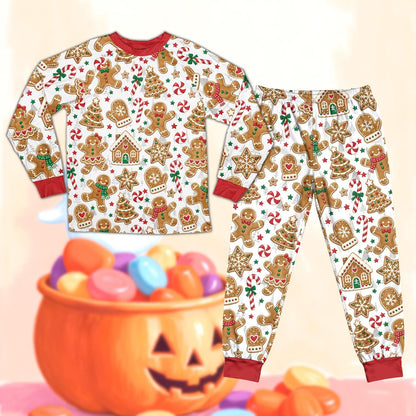 Alternate front view of the white christmas pajama set with festive gingerbread design