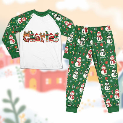 White family matching holiday pajamas with custom name on the chest