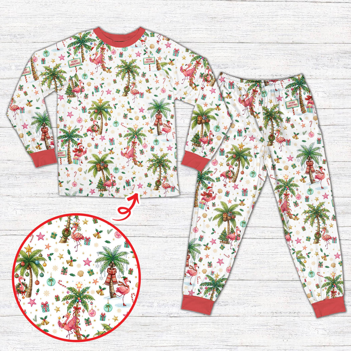 White holiday matching family pajamas with tropical Christmas print, front view