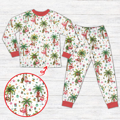 White holiday matching family pajamas with tropical Christmas print, front view