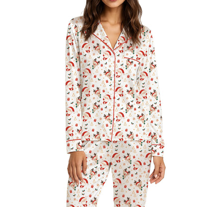 Detailed front view of the festive Christmas pajama top and bottoms