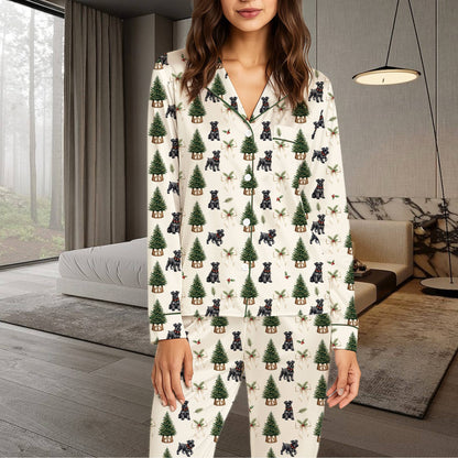 Close up of the matching xmas family pajamas showing the decorated Christmas trees