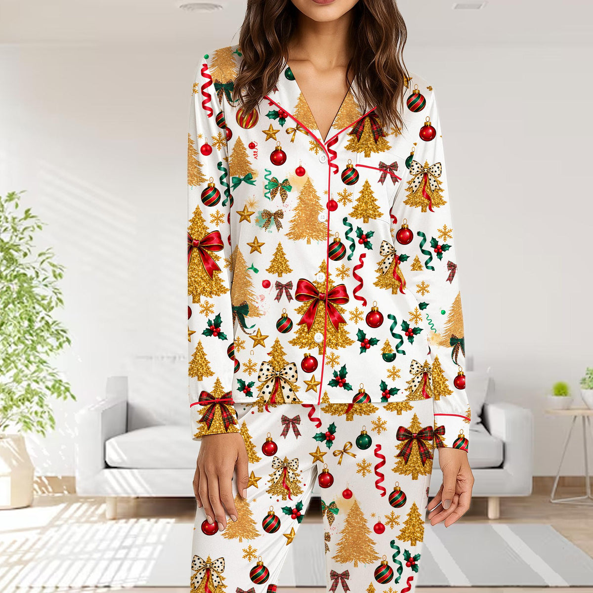 Front view of the festive holiday pajamas