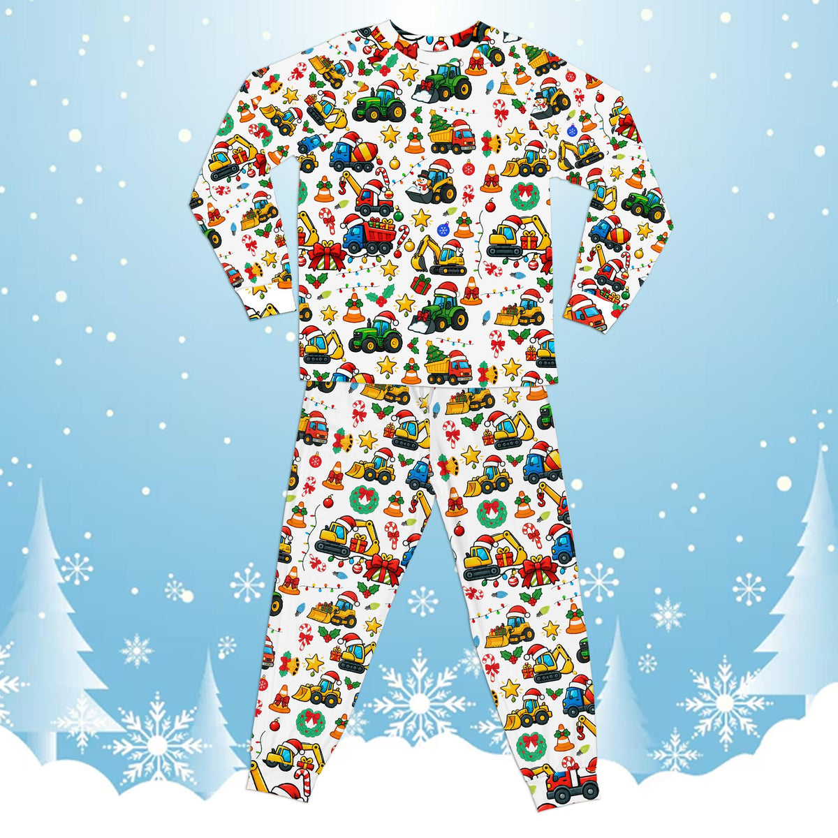 Alternate front view of the festive construction vehicle pajama set