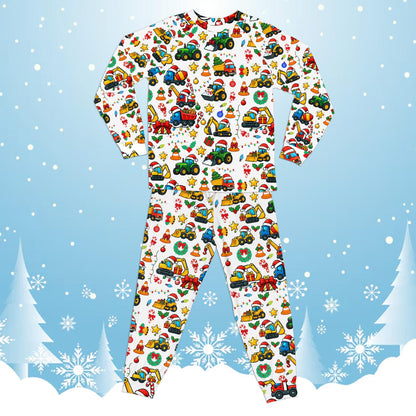Alternate front view of the festive construction vehicle pajama set