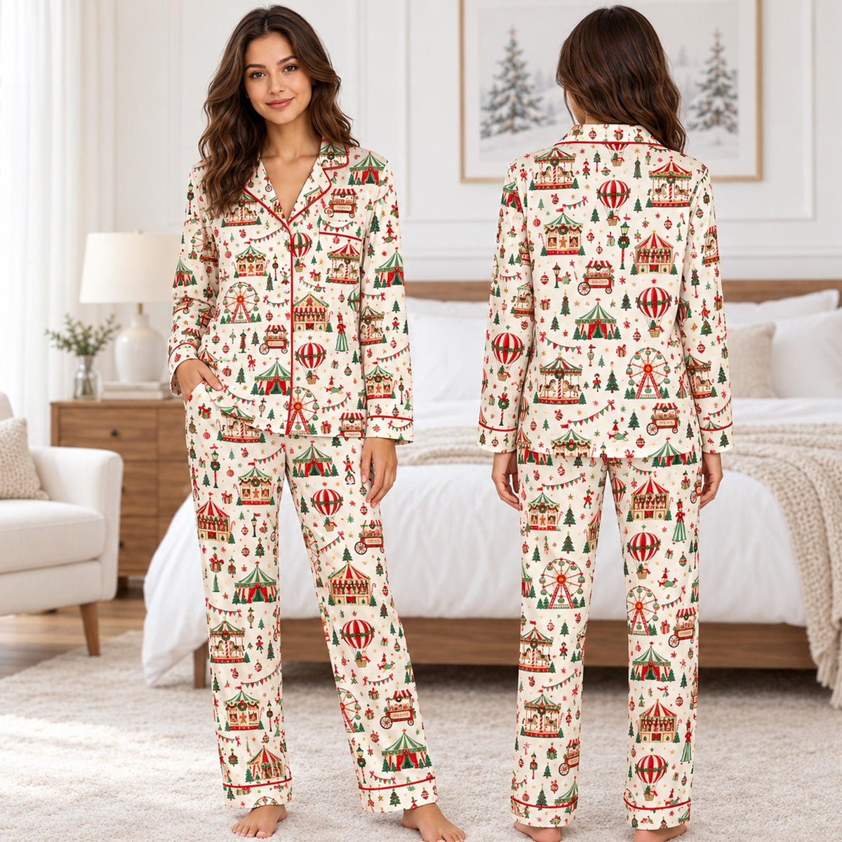 Front view of the matching family pajama set showing the red, green, and gold carnival pattern