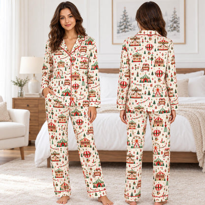 Front view of the matching family pajama set showing the red, green, and gold carnival pattern