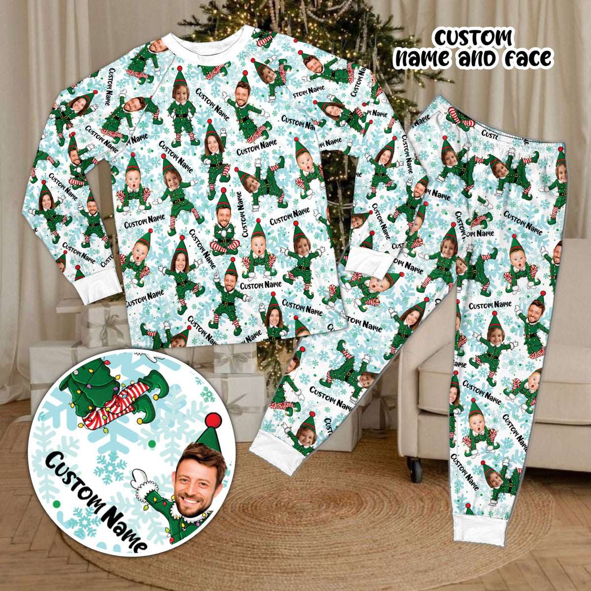 Custom name and number pajama set in white with holiday elf design, front view