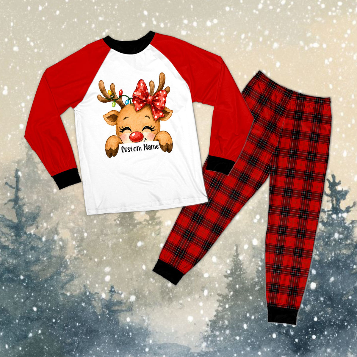 Third front view of the family matching pajama set highlighting the raglan sleeves