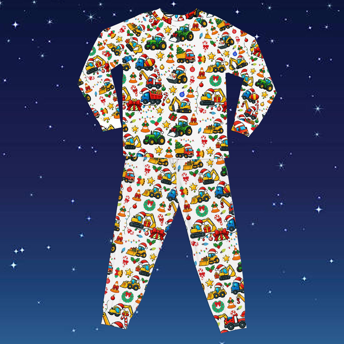 Close-up front view detailing the holiday trucks and candy cane pattern
