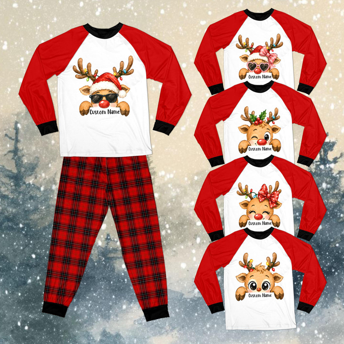 Fourth front view of the custom name reindeer holiday pajamas