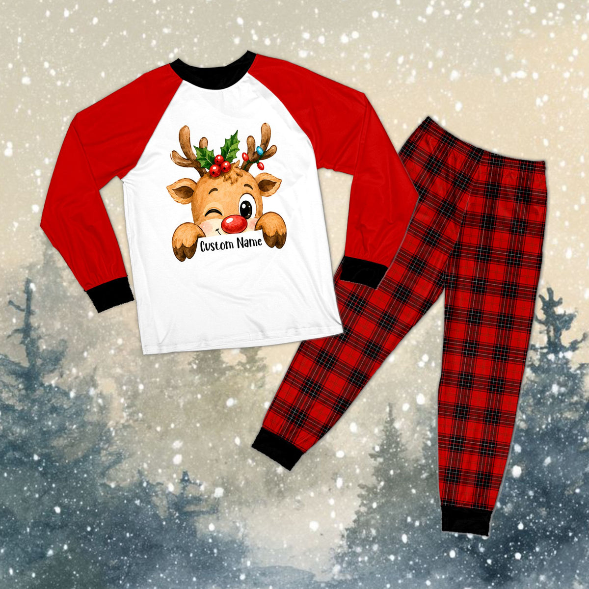 Fifth front view showing the plaid pants and custom reindeer top