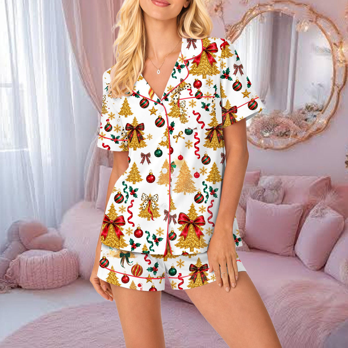 Front view of the white matching holiday family pajamas