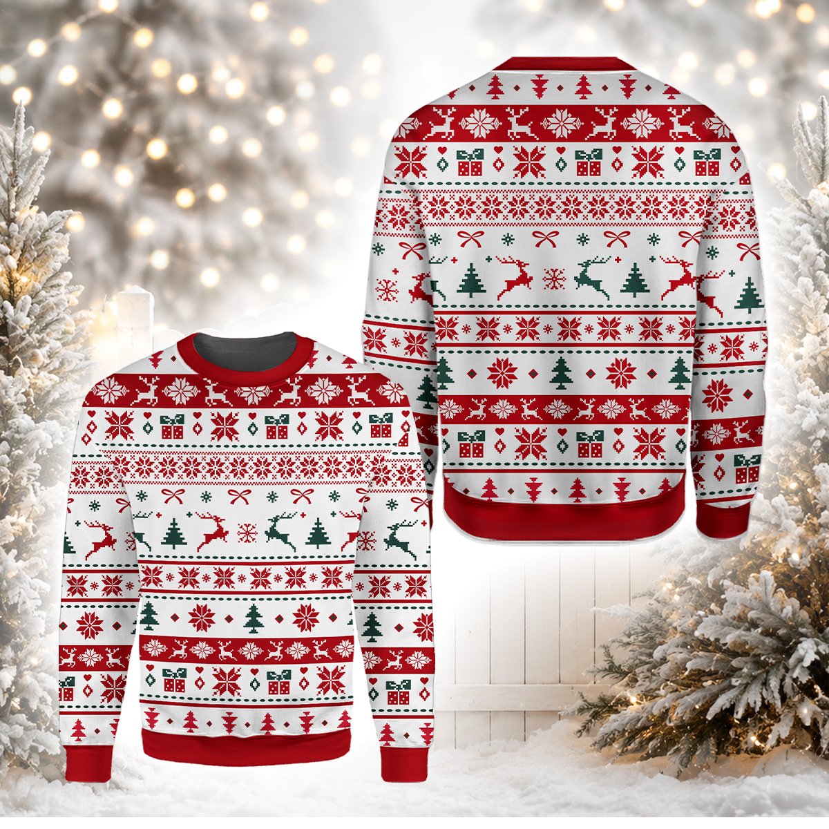 Matching family christmas pajama set featuring a white ugly sweater design, main view