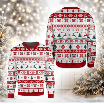 Matching family christmas pajama set featuring a white ugly sweater design, main view