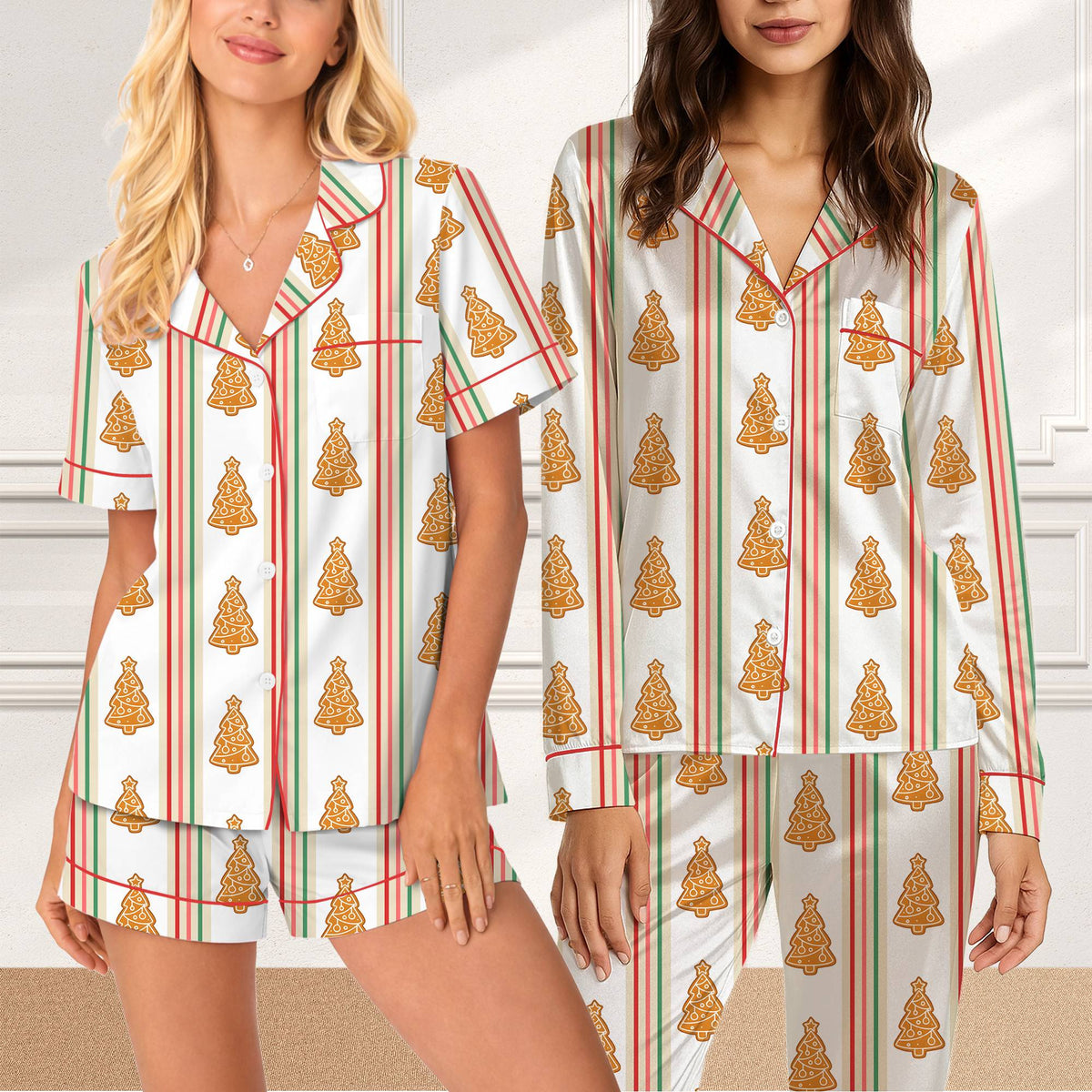 White christmas pajama set with gingerbread trees and stripes, main view