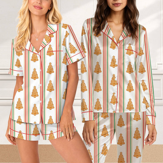 White christmas pajama set with gingerbread trees and stripes, main view