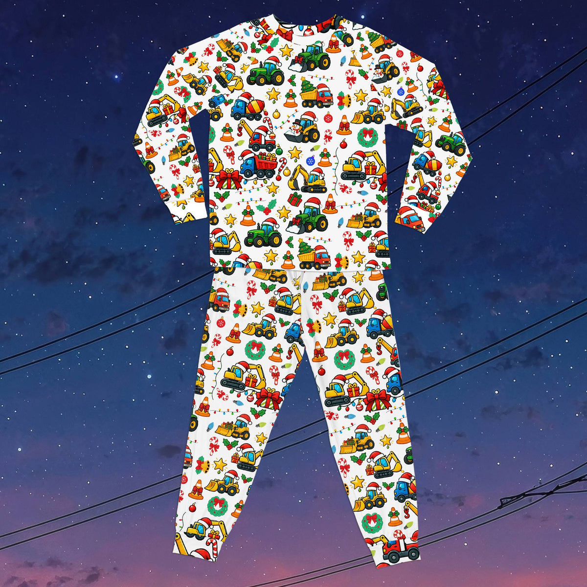 Front view of the white matching xmas pajamas family set featuring trucks and Santa hats