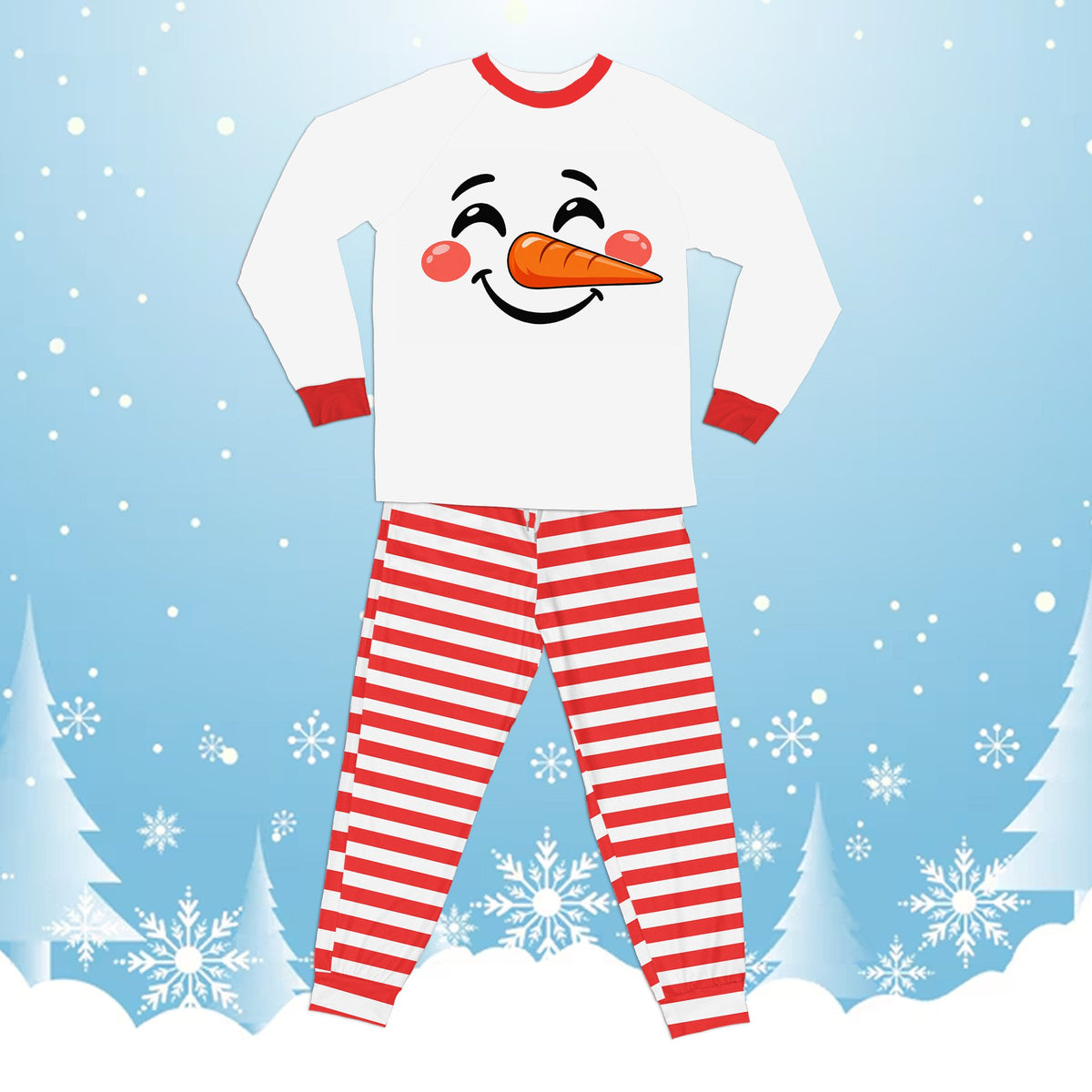 Matching family christmas pajama set with snowman design on white top and red and white striped pants, main view