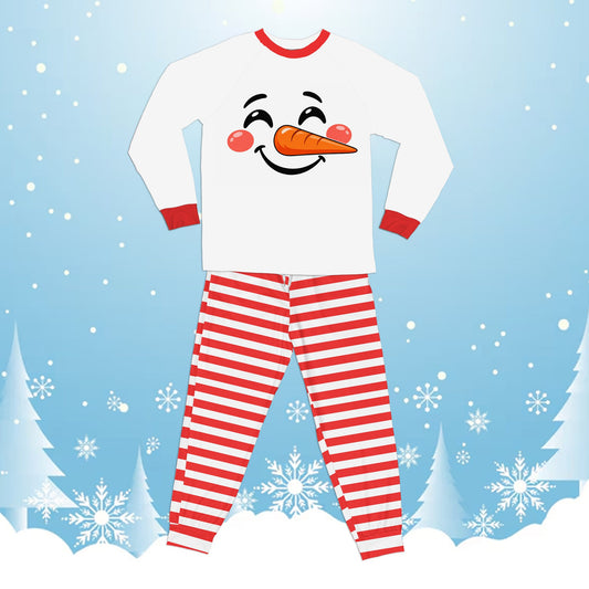 Matching family christmas pajama set with snowman design on white top and red and white striped pants, main view