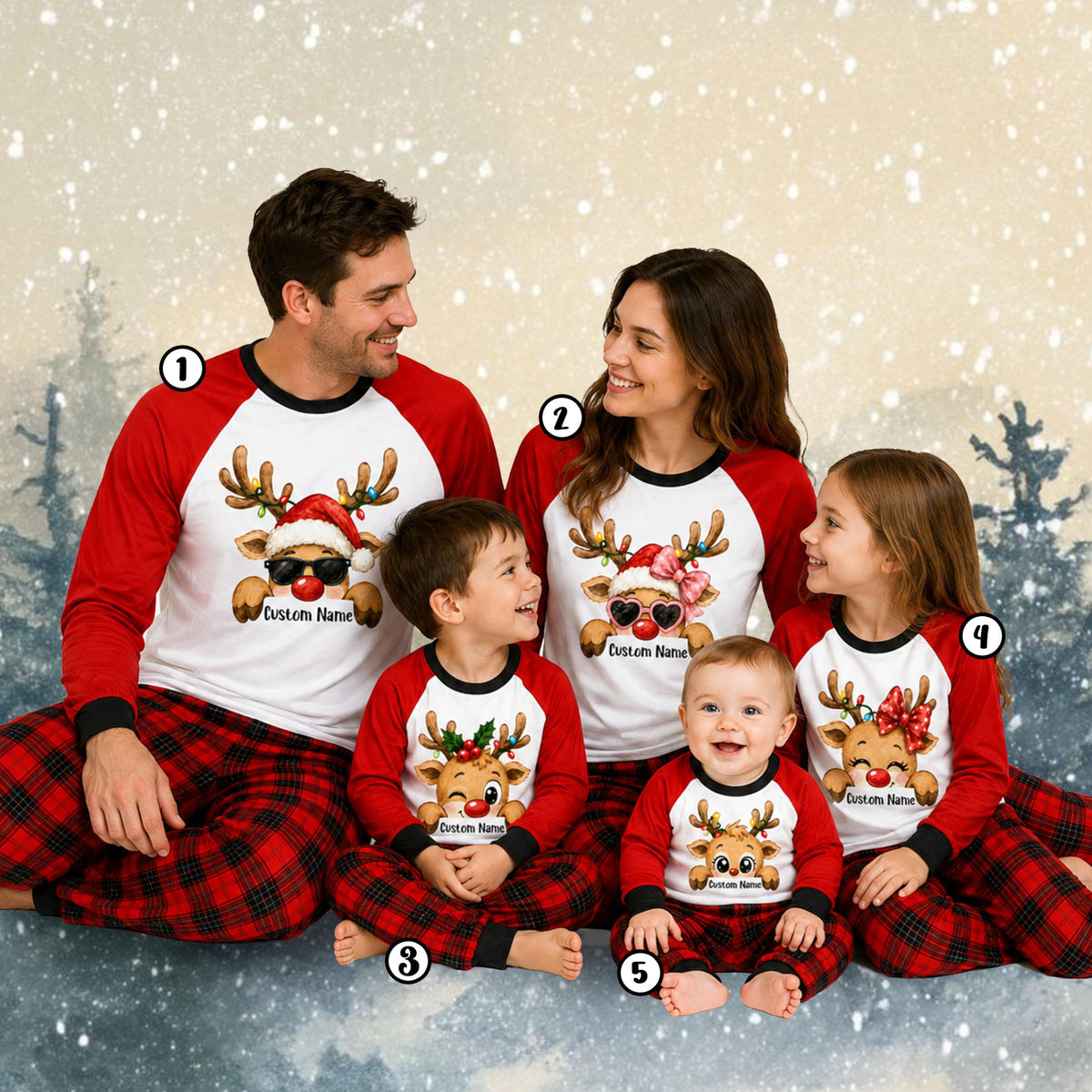 Lifestyle view of people wearing the family matching plaid pajamas together