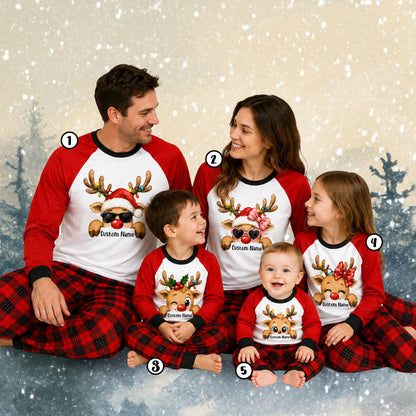 Lifestyle view of people wearing the family matching plaid pajamas together