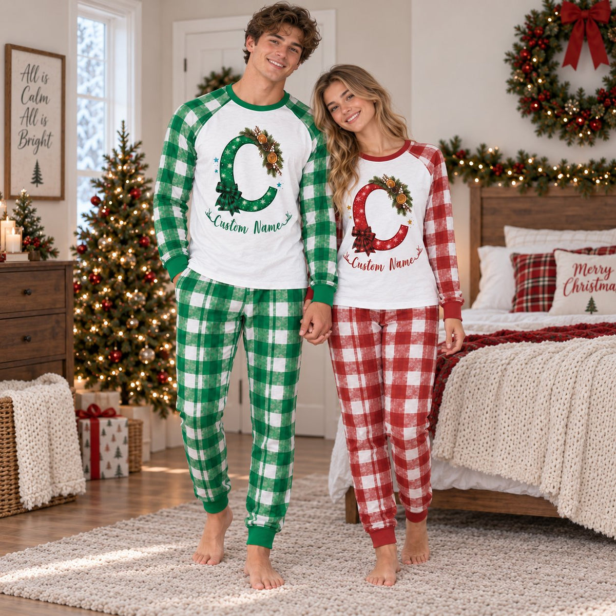 Lifestyle view of the family xmas matching pajamas being worn indoors
