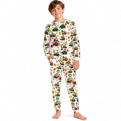 Second lifestyle view showcasing the festive construction pajama design on family members
