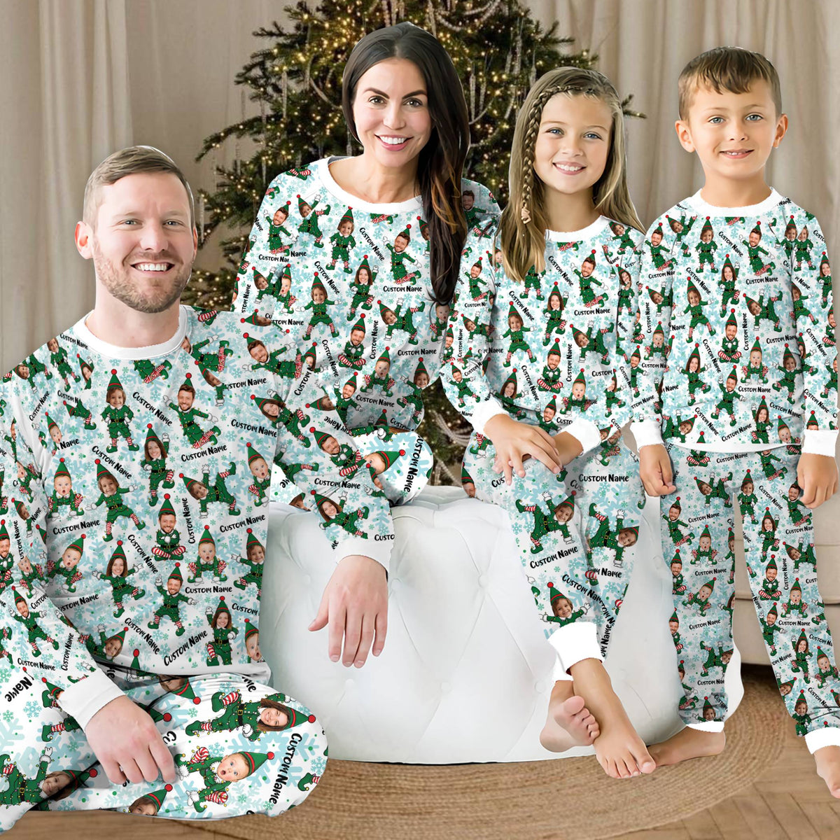 Lifestyle view of a family wearing the holiday matching family pajamas in white