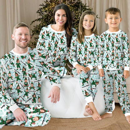 Lifestyle view of a family wearing the holiday matching family pajamas in white