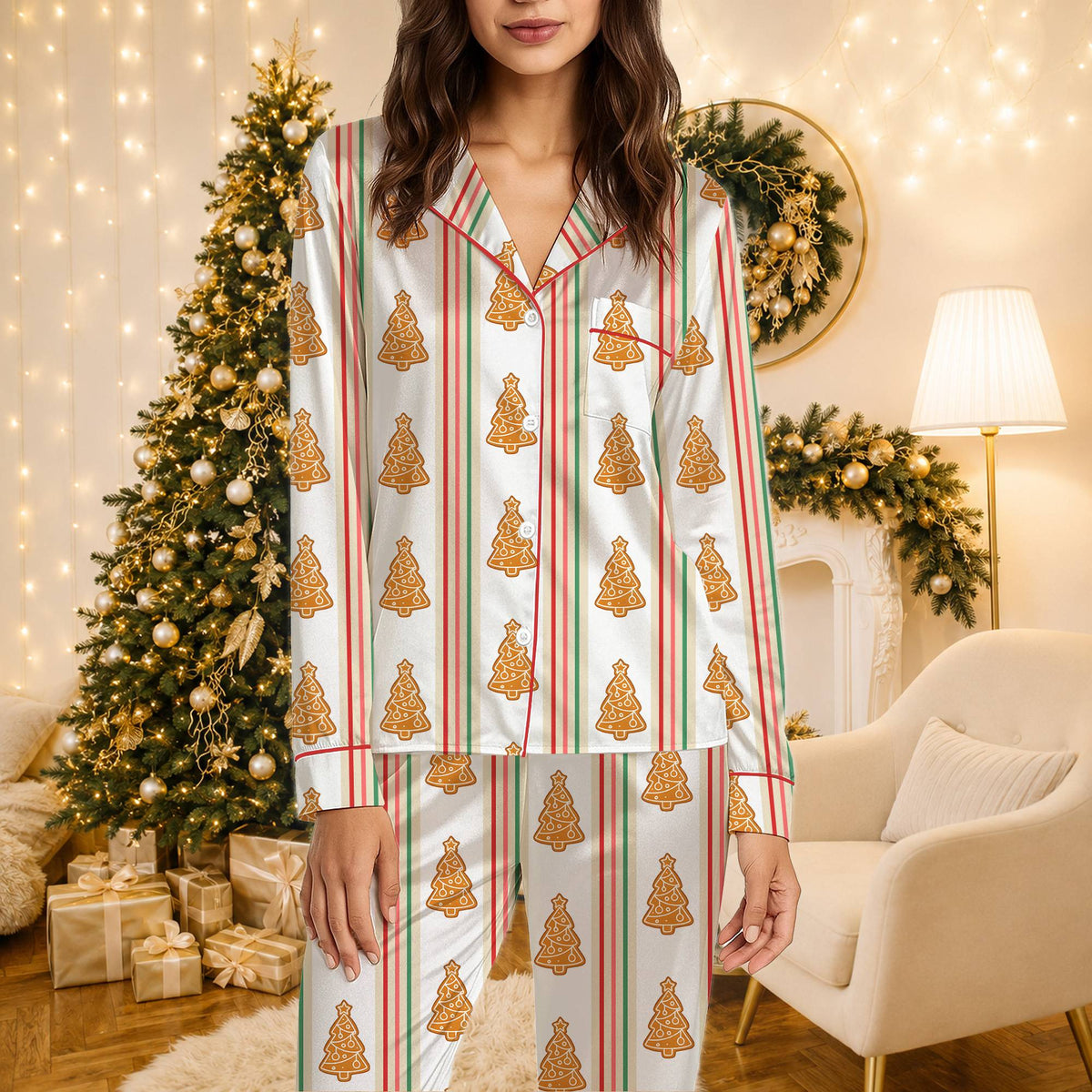 Close up lifestyle shot of the striped holiday pajama set