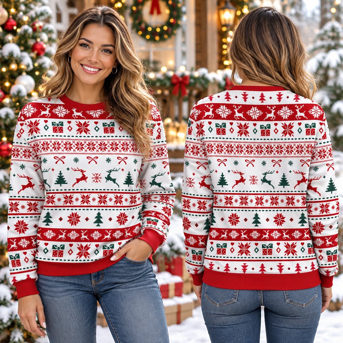 Lifestyle view of the family matching holiday pajamas in a festive setting