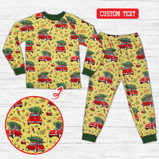 Personalized yellow christmas pajama set featuring vintage red autos and holiday elements, front view