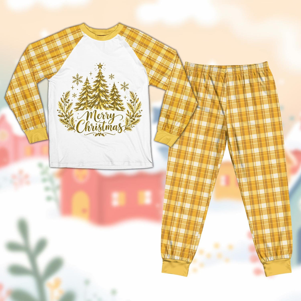 Yellow matching family christmas pajama set featuring pine trees and Merry Christmas script