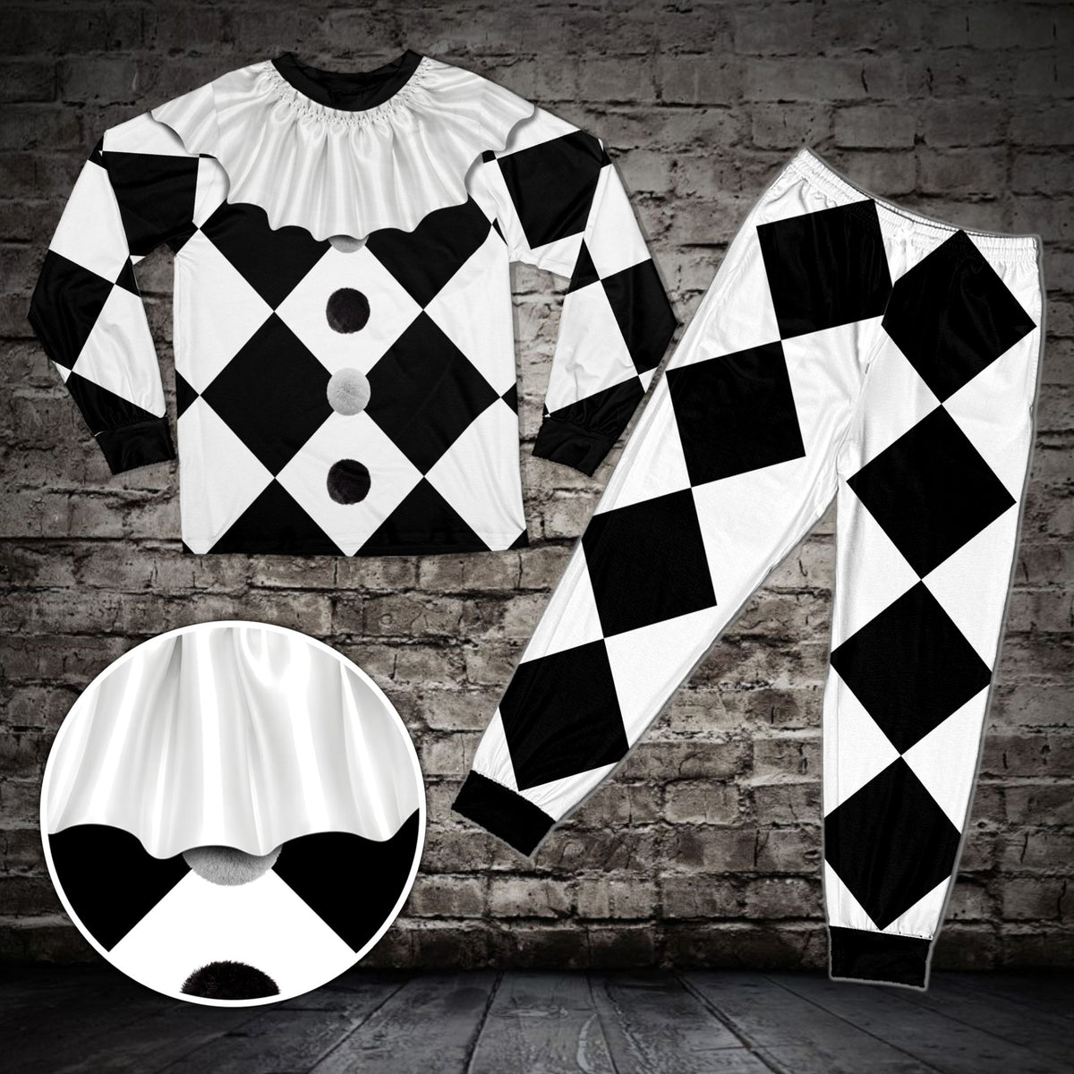 Matching family clown Halloween pajama set showing multicolor front view